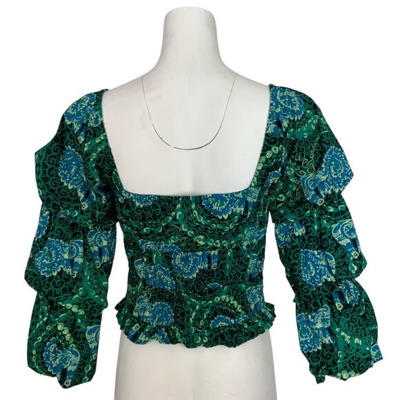 Anthropologie Porridge Tiered Poplin Blouse Top XS Green Cropped - Picture 2 of 13